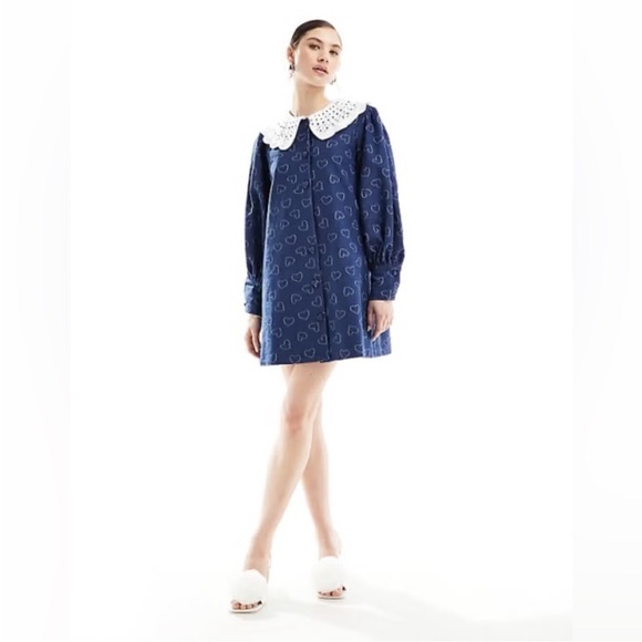 Sister Jane Dresses & Skirts - Sister Jane Heart Embellished Denim Mini Dress Size Large 100% Cotton